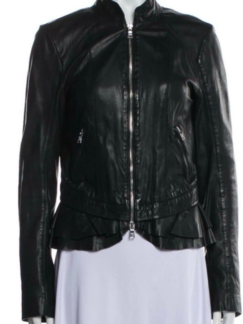 Marissa Webb biker jacket size XS black lamb leather peplum ruffle flirty goth